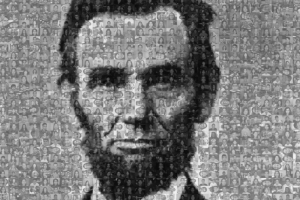 Portrait of Abraham Lincoln made entirely of tiny black and white photographs of individual faces.
