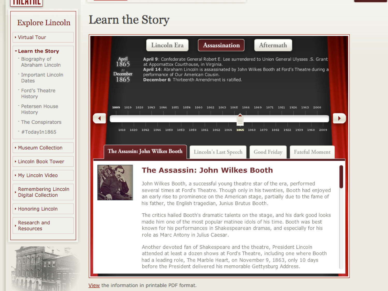 Pre-2017 view of the Ford's Theatre web content. Image here shows a page that reads "Learn the Story."