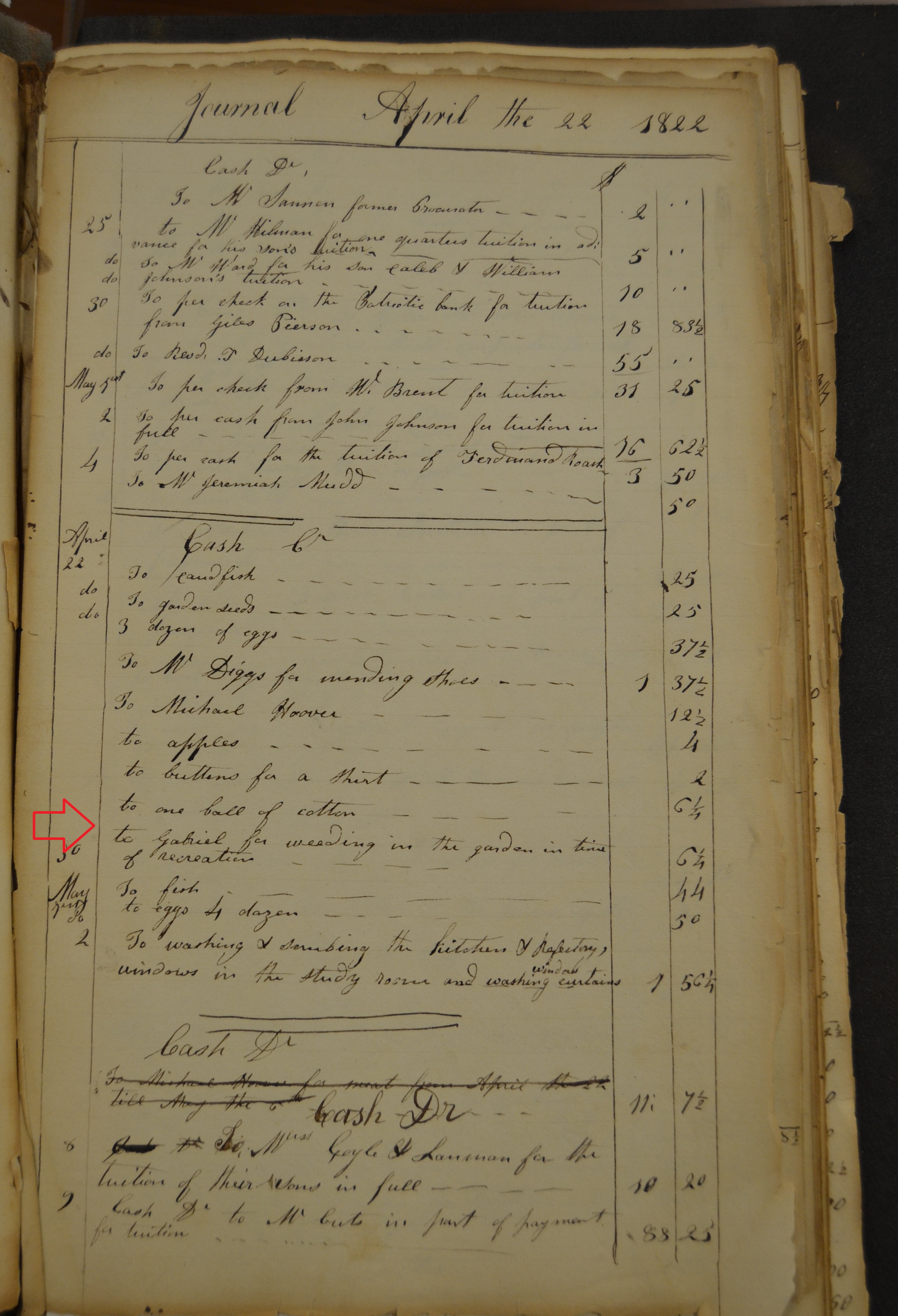 Accounting ledger with notes about cash expenses. One reads: "To Gabriel for weeding in the garden in time of recreation."