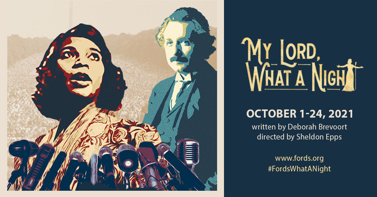 Historical headshots of Marian Anderson and Albert Einstein colorized and stylized as if painted. They are set over a backdrop of a crowd of thousands at the Lincoln Memorial, looking toward the Washington Monument.